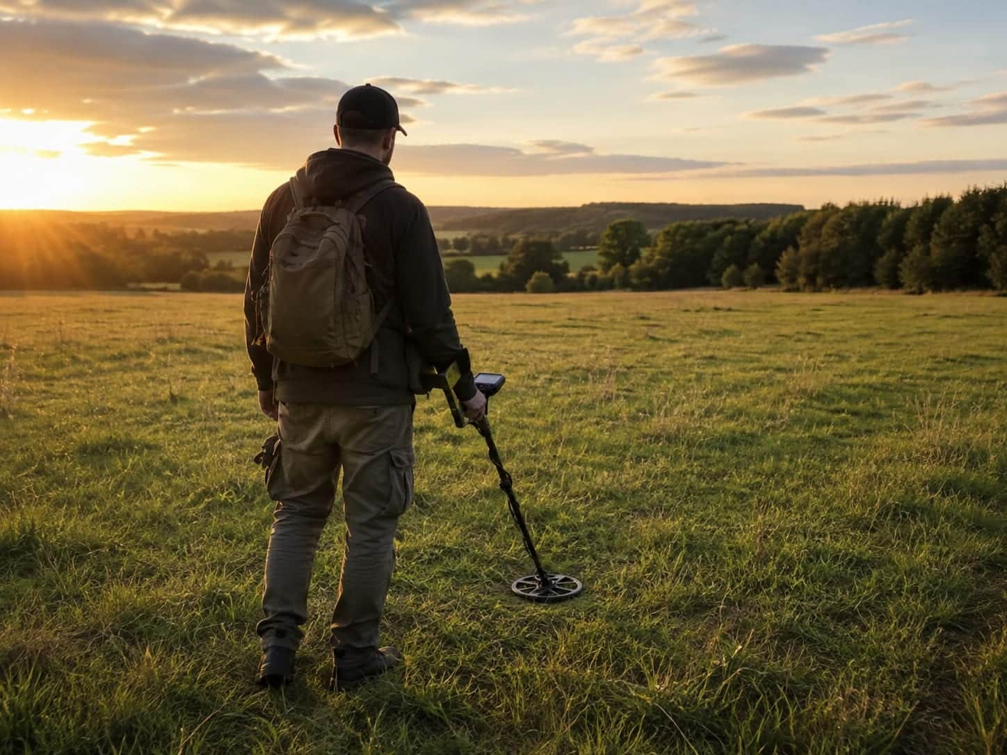 Eine Person steht mit einem Metalldetektor auf einer weiten Wiese und sucht den Boden ab. Abendsonne, im Hintergrund Bäume.